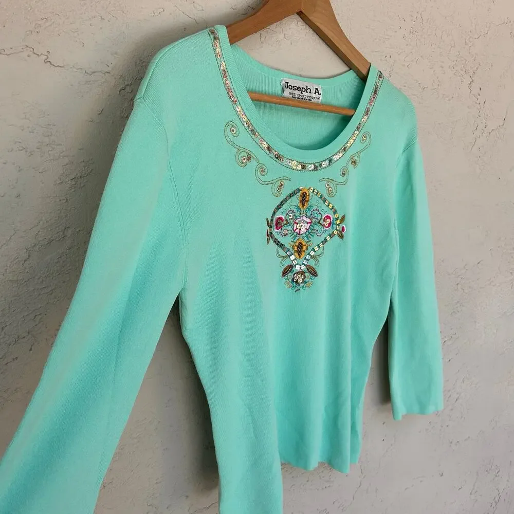 Vintage Joseph A Mint Green Beaded Embroidered Knit Top Size L